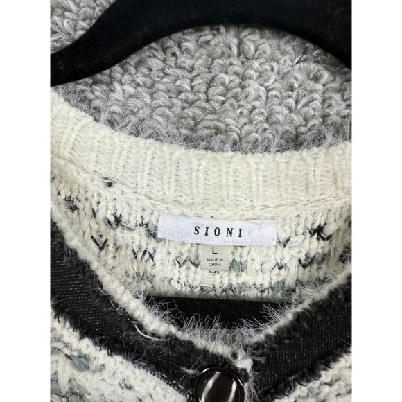 SIONI - Tweed Cardigan Sweater Black White Knit Button Up Jacket - Womens Large - Picture 2 of 7